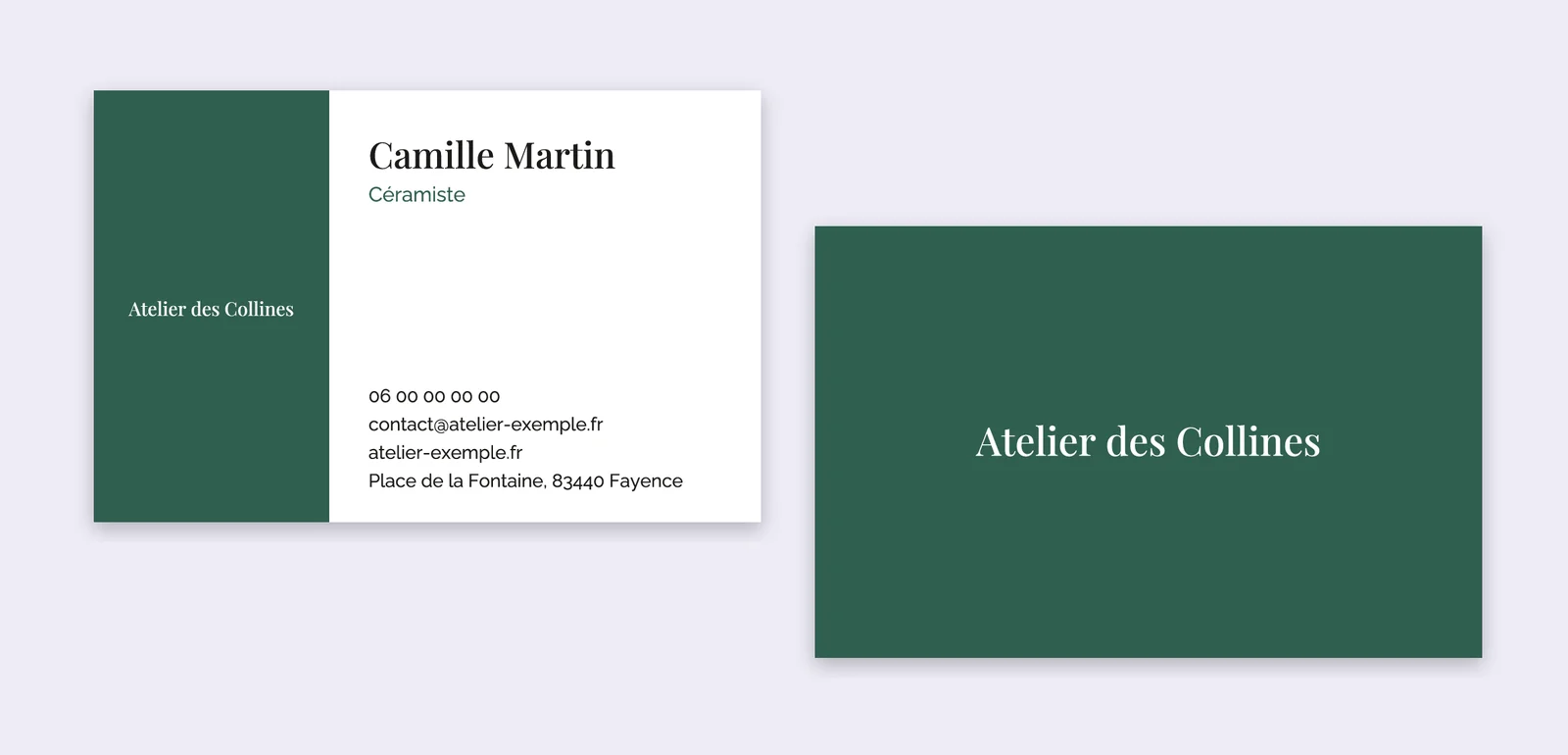 Carte de visite au modèle Bandeau : bande verte à gauche avec le nom de l'entreprise, nom et coordonnées à droite ; verso vert. Exemple fictif.