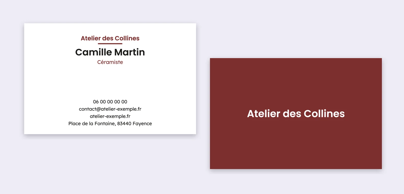 Carte de visite au modèle Centré : nom de l'entreprise, nom, fonction et coordonnées centrés ; verso bordeaux. Exemple fictif.