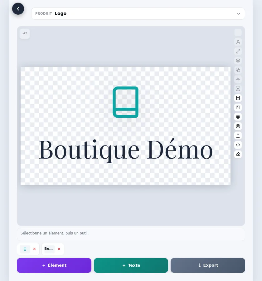 L'éditeur de Logo Studio sur ordinateur : un logo composé d'un symbole de livre et du nom « Boutique Démo », sur fond transparent, avec la barre d'outils à droite.