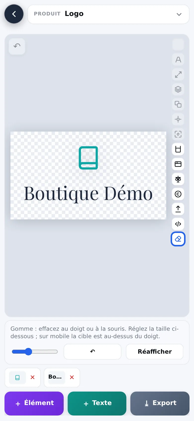 La gomme de Logo Studio sur téléphone : on efface une partie du logo au doigt, avec le réglage de la taille, l'annulation et « Réafficher ».